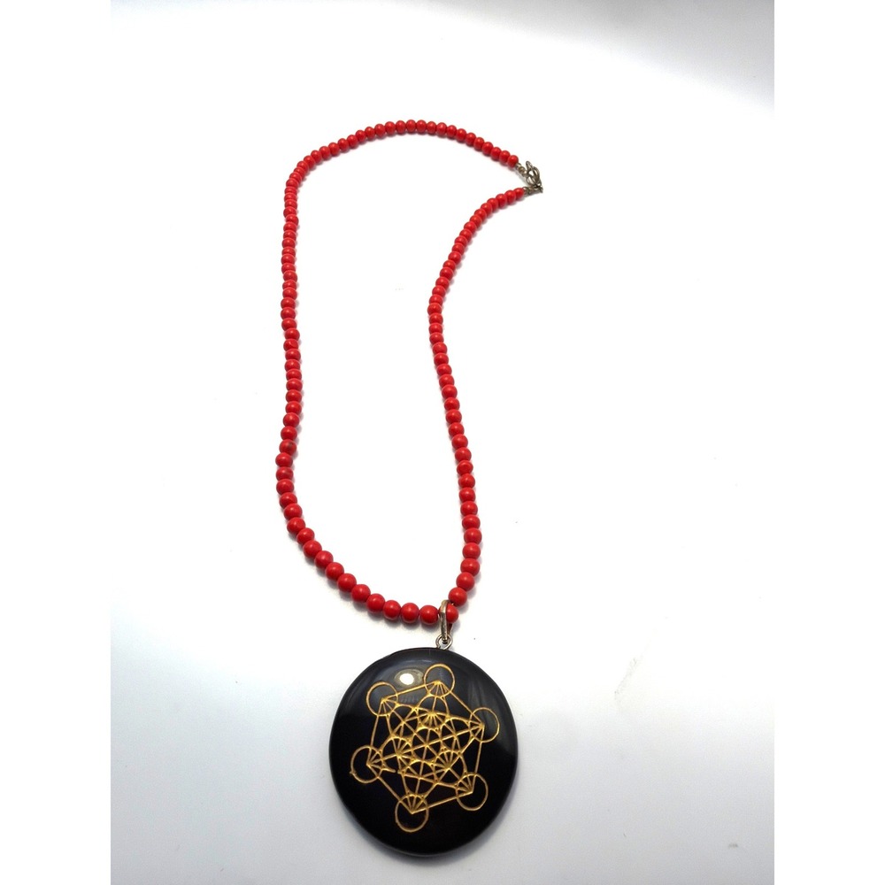 Metatron's Cube Sacred Geometry Pendant Necklace Red Beaded Black Gold Tone
